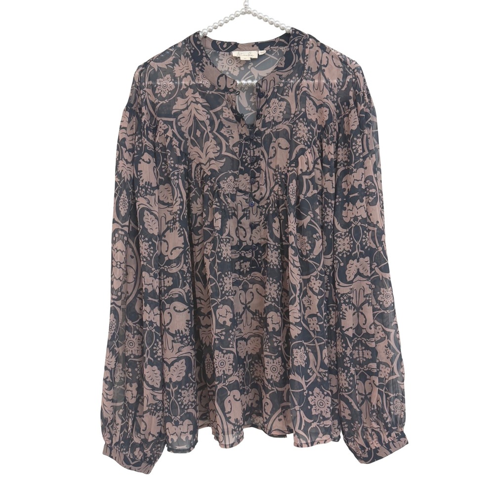 Anthropologie Let Me Be Sheer Henley Blouse XL Black Motif Floral Chiffon Boho